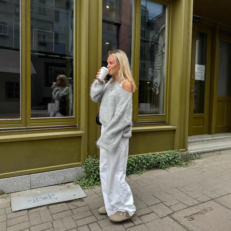 2025 jersey liso con hombros descubiertos para mujer, suéter de punto suelto clásico de manga larga a la moda, suéteres de otoño de calle alta para uso diario para mujer