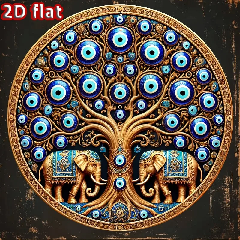 Türkisches Böses-Auge Metall-Wanddekoration 7,8 Zoll Rund, Vorgebohrte Löcher, 2D Flaches Metallschild für Zuhause