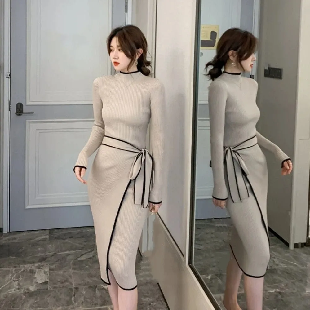 

Милое вязаное длинное платье с полуворотником и длинными рукавами на шнуровке, тонкие элегантные платья, корейское трикотажное платье для пикантных девушек, женское платье