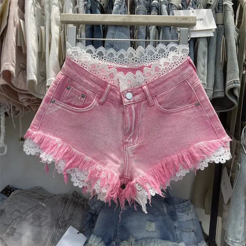 Chic Splicing Hook Flower Lace Denim Shorts Summer New Women's Pink Tassel Cowboy Shorts Sexy High Waist Dance Hotpants