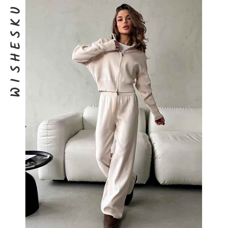 2025 Autumn Winter Knitted Two Piece Set Female Long Sleeve Zipper Sweater Cardigan Casual Trousers Knit Outfits Lady