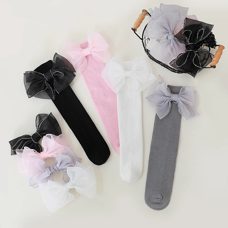 VISgogo Kids Girls Long Stockings Sweet Tulle Bowknot Soft Elastic Toddler Socks Lightweight Tall Socks for Casual Daily