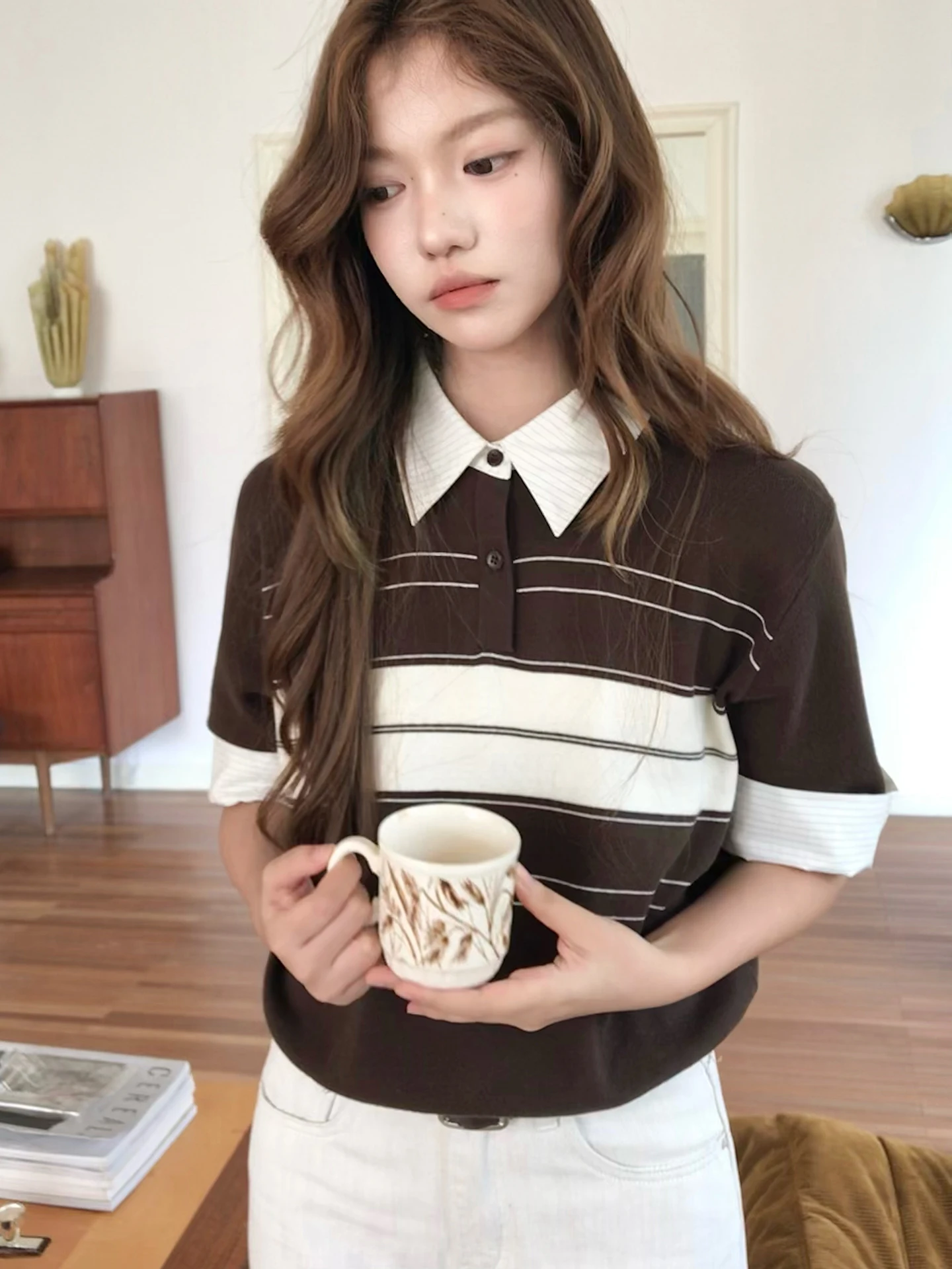 

Осенний вязаный свитер в полоску с эффектом латте, двухцветный, кофейно-коричневый, классический, повседневный, американский свободный крой