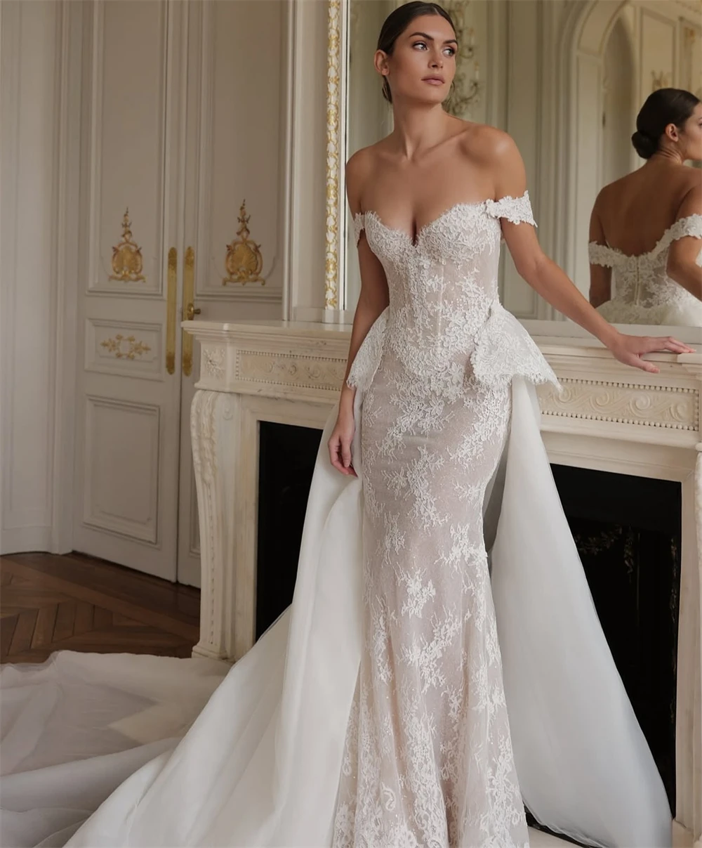 Customized Boho White Organza Wedding Dress Sexy Sweetheart Off the Shoulder Robe de mariée Soft Mermaid Court Train Bridal Gown