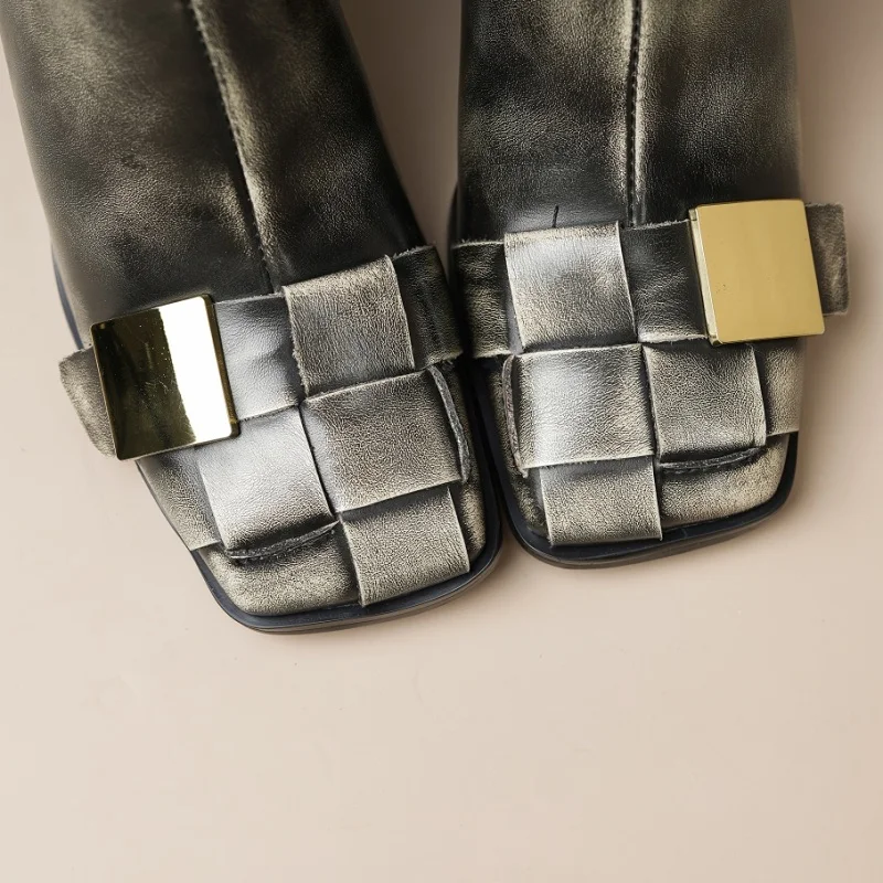 【JOCHEBED HU】New Brand Genuine Leather Metal Decor Woman Side Zipper Ankle Boots Chunky Heel Square Toe  Luxury Designer Shoes