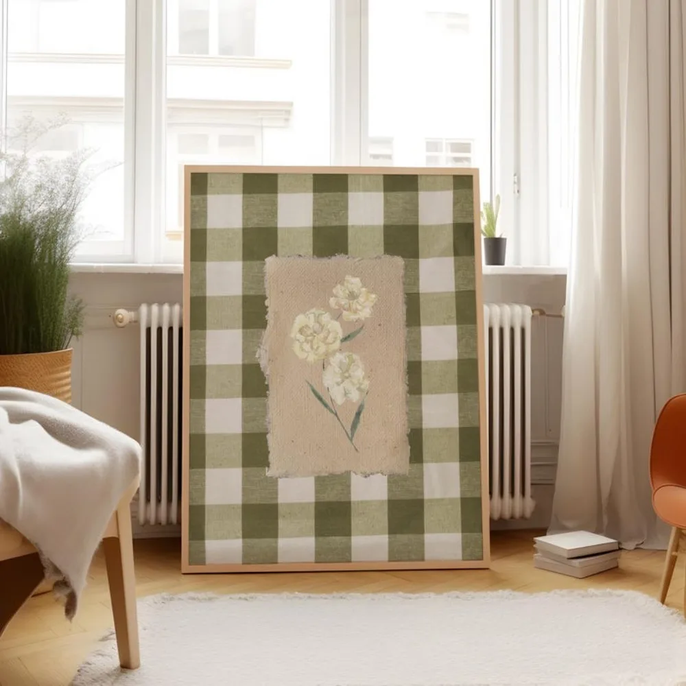 1pc Frameless Green Gingham Flower Print,Digital Downloadable Wall Art,Trendy Decor,Vintage Painting,Floral,Printable Decorat