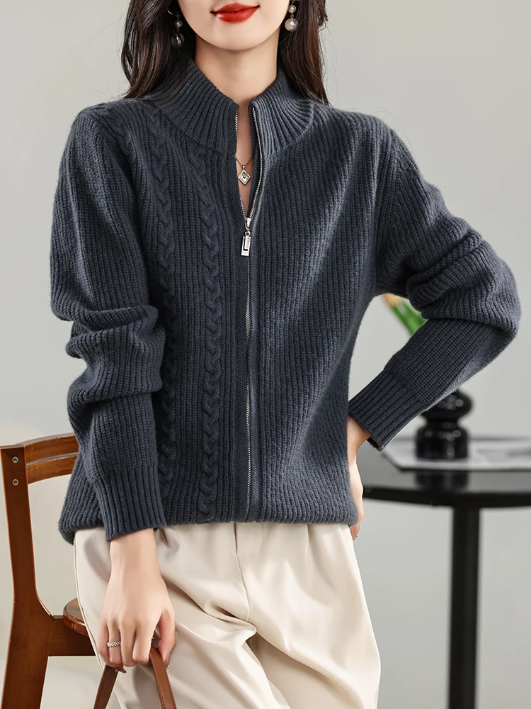 2024 New Women Cashmere Sweater 100% Merino Wool Zipper Cardigan Winter Soft Quality Knitwear Casual Luxary Tops Clothing