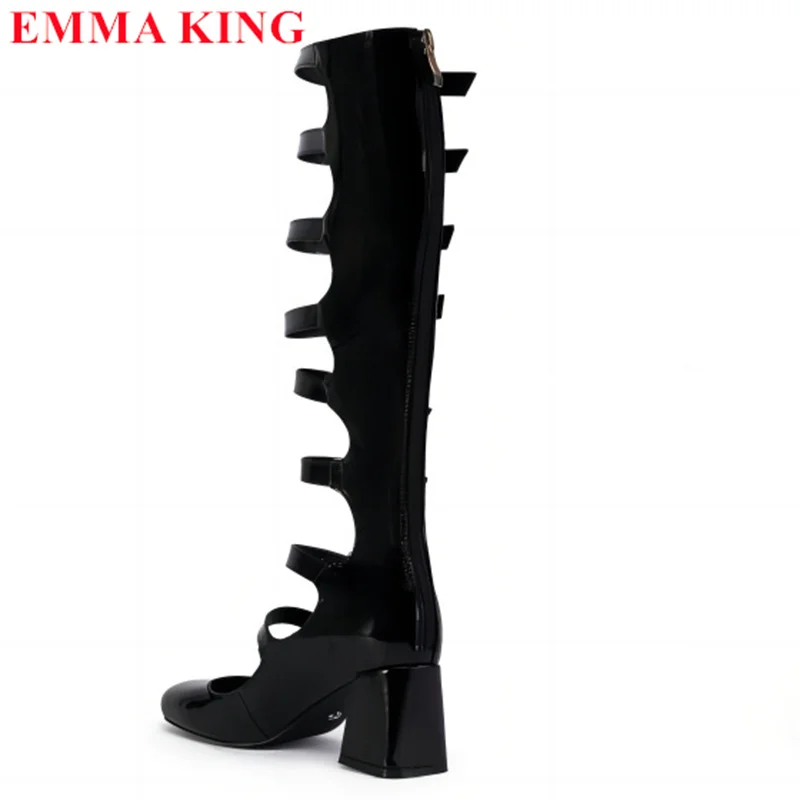 Women Black Patent Leather Knee High Boots Buckle Round Toe Cutouts Gladiator Sandals Boots Sexy Thick Heel Gothic Shoes Woman