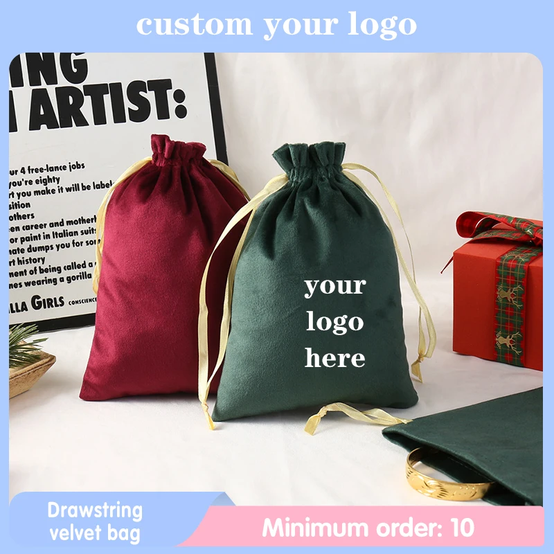 Custom Logo Drawstring Velvet Bag Liss Velvet Christmas Pattern Wedding Party Candy Gift Jewelry Display Packaging Bag