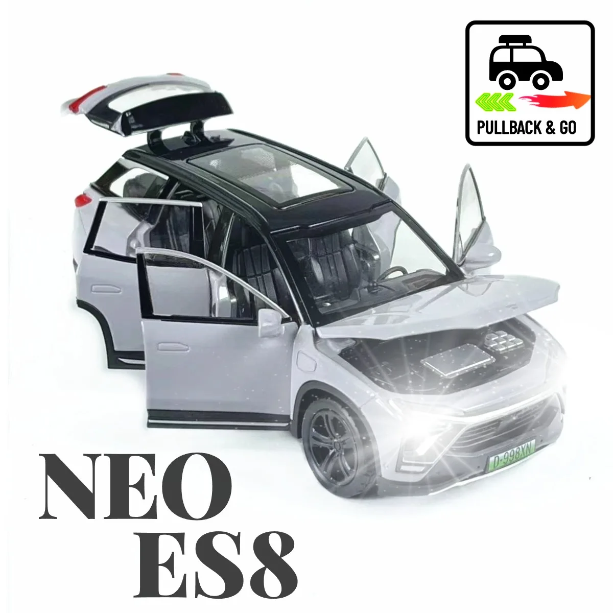 

1:32 Scale Replica Neo ES8 Pullback Toy Car Model with Light and Engine Sound Ornament Kid Boy Xmas Gift Toy