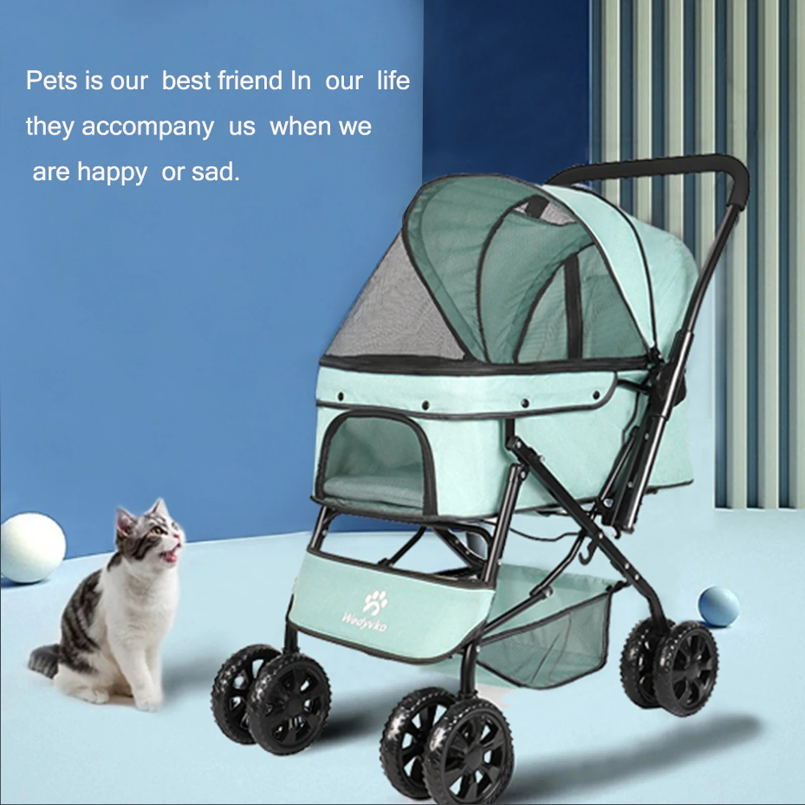 

44lbs Pet Dog Stroller 4 Wheels Foldable Puppy Stroller Rotate with Brakes Storage Basket Reversible Handlebar for Dogs Cats