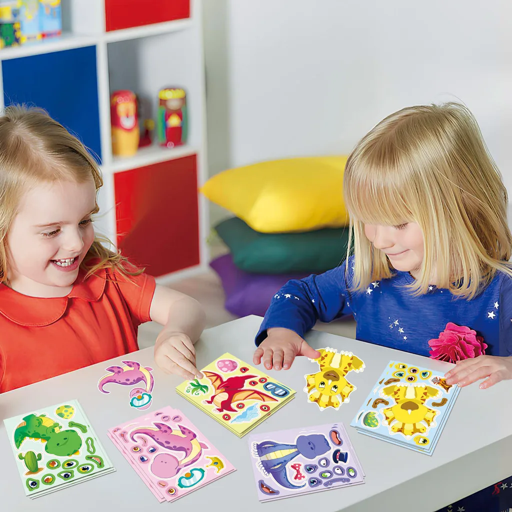 8 قطع من ملصقات ألغاز الديناصورات - شارات تعليمية إبداعية تفاعلية بين الوالدين والطفل "صنع وجه" (متجر عوالم الرسوم المتحركة)