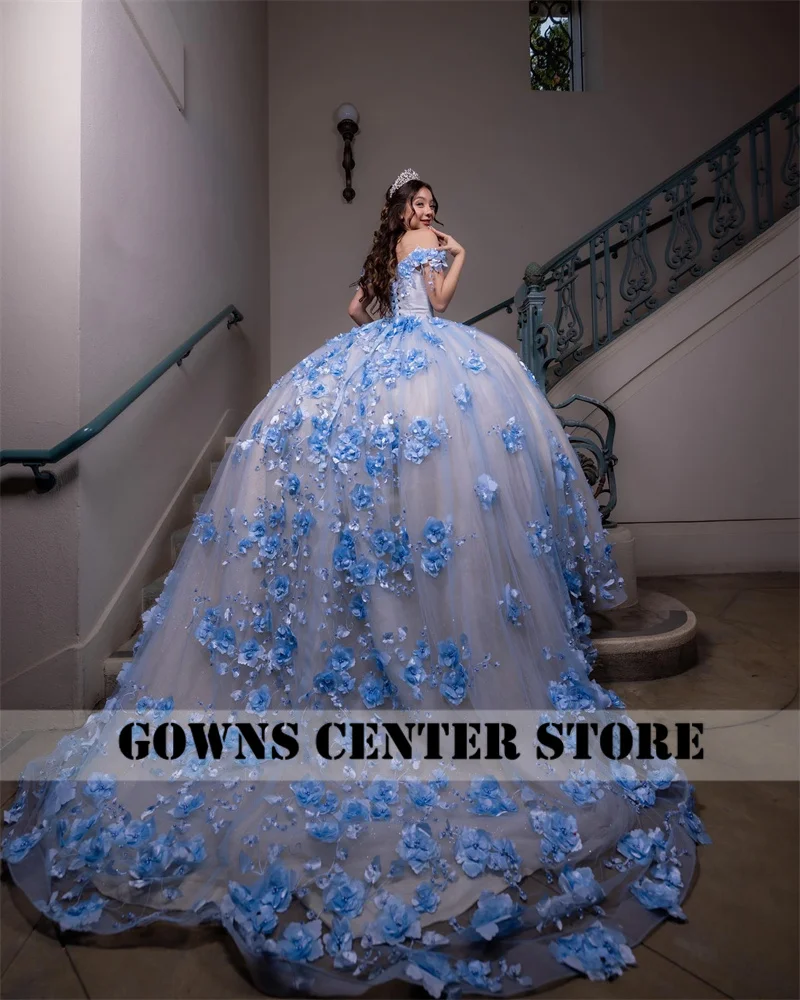Błękitna sukienka na quinceanerę 2024 księżniczka słodka 15 lat dziewczyna sukienki na przyjęcie urodzinowe aplikacje Vestidos De Quinceañera