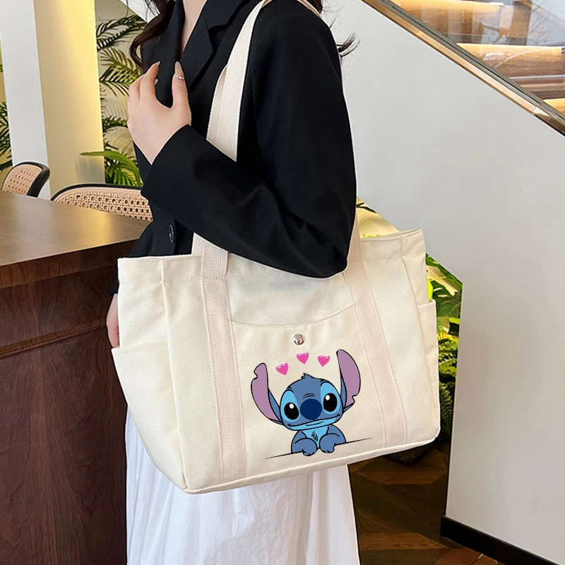 Cute Stitch Women\'s Handbag Disney Cartoon Tote Bag Canvas Designer Shoulder Bag Large Capacity Shopping Hand Bag Square Bags