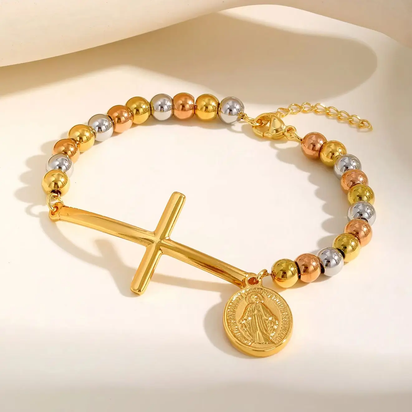 

St. Benedict Cross and Prayer Bracelet for Women,Oval Plate Three-color Beaded Chain Rosary Bracelets,Stainless Steel Jewelry