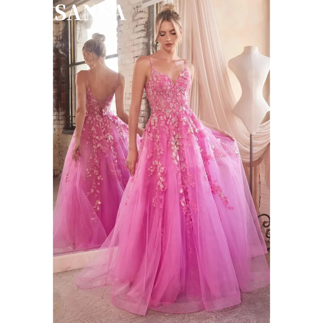 Sansa Lace Embroidery فساتين السهرة Spaghetti Strap A-line Tulle Vestidos De Noche Elegant Sleeveless Floor-Length Prom Dresses