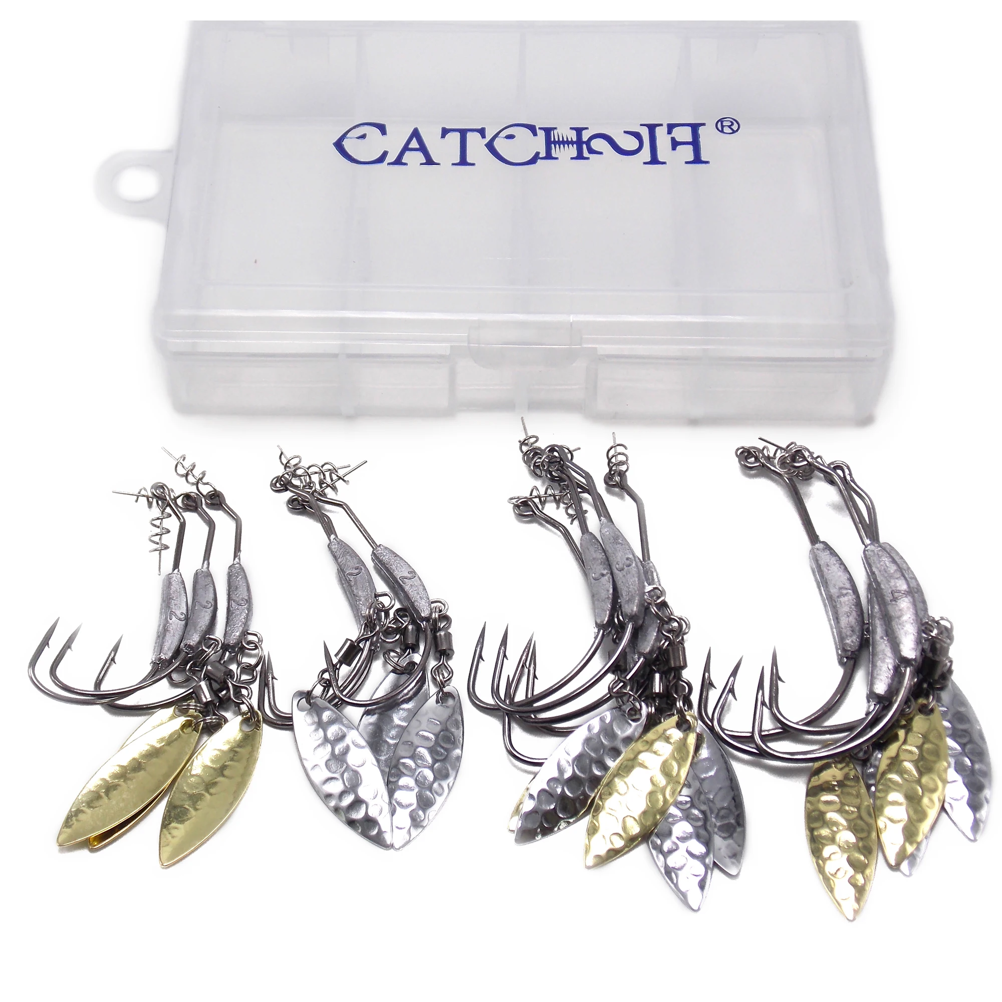 CATCHSIF 16pcs Weighted Hooks box set with blades for weedless soft worm pin spring flash