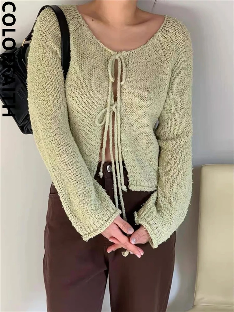 Colorfaith SWC6768JX New 2024 Chic Vintage Elegant Korean Fashion Wild Knitting Cardigans Women Autumn Winter Sweaters Mini Tops