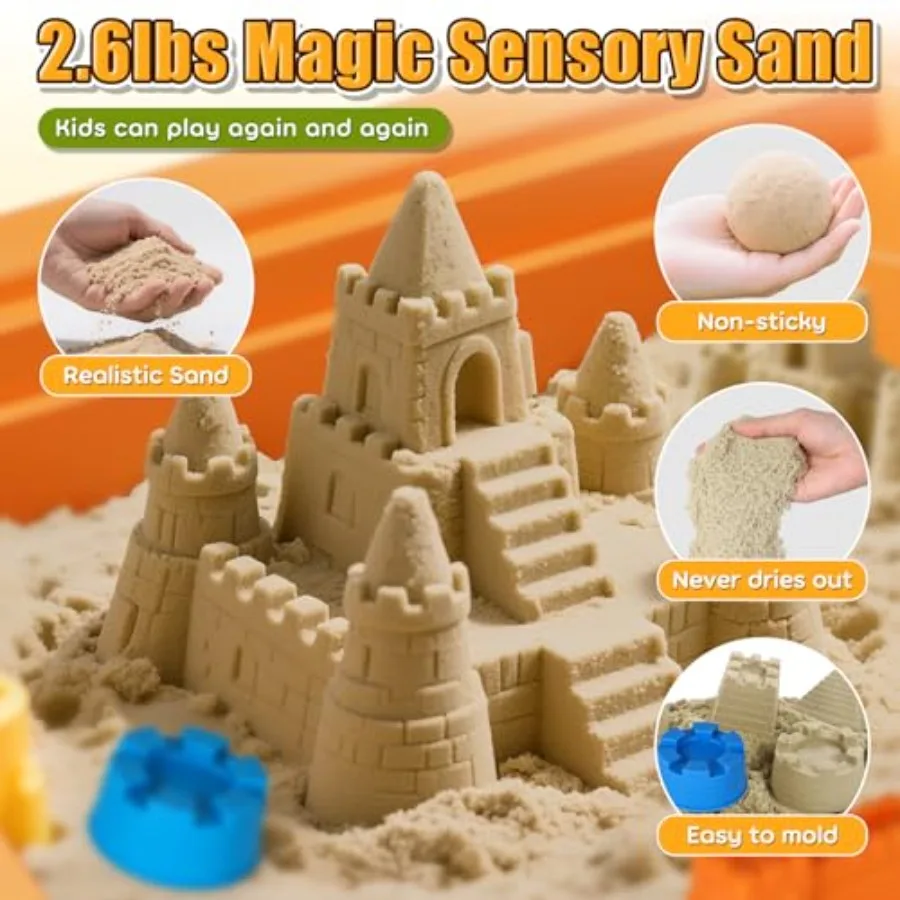 Sensory Table with Sensory Sand, Sensory Bin with Lid & 2.6lbs Play Sand, Construction Kit with 6 Alloy Trucks & Castle Molds, S