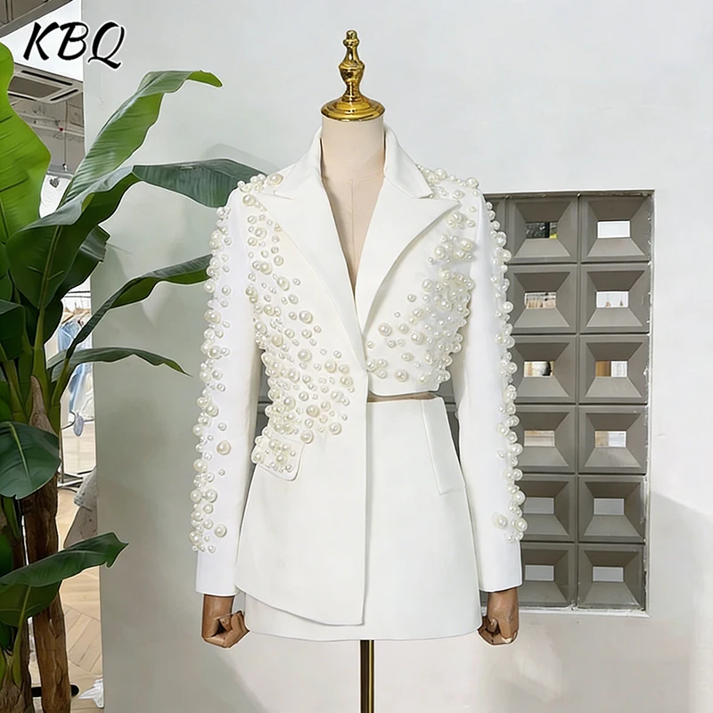

KBQ Sexy Solid Two Piece Set Notched Collar Long Sleeve Patchwork Peals Irregular Top High Waist Mini Skirts Chic Suit Female