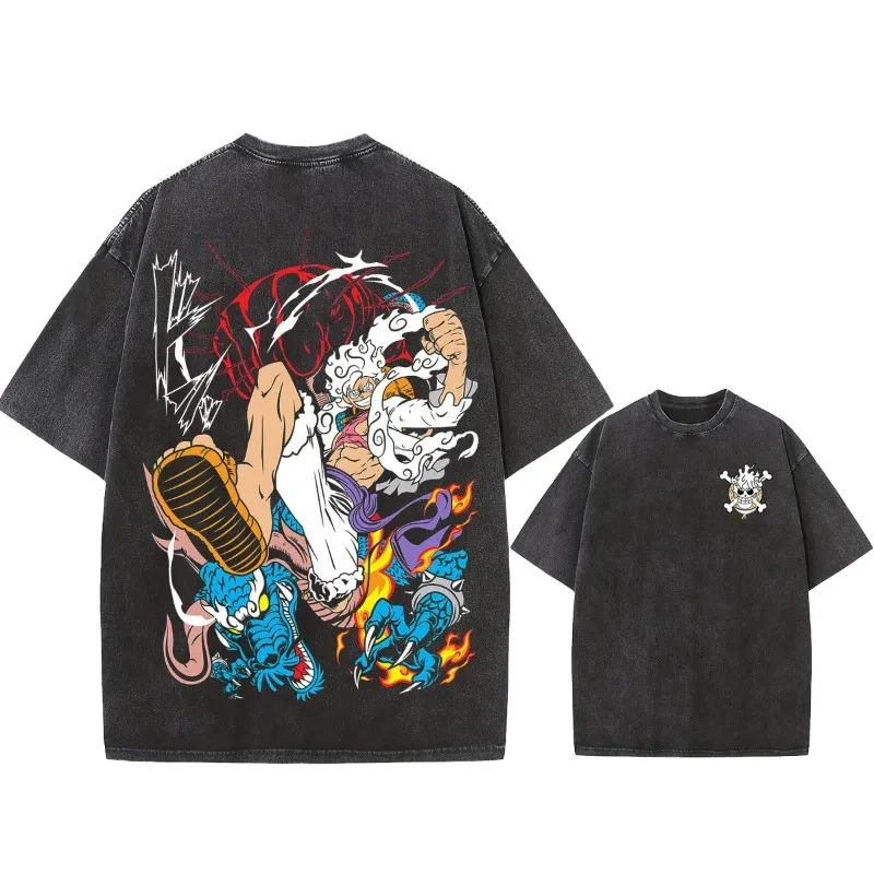 2026 Sommer Y2K Retro Washed One Piece Cosplay Baumwoll-T-Shirt Herren Super Lässiges Baumwoll-Kurzarmshirt Unisex Streetwear