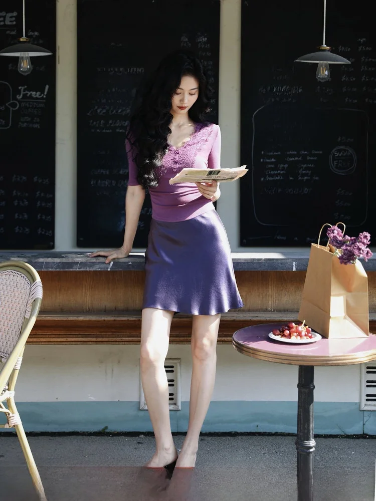 

TAIYANG OFFICE Satin Half-length Skirt for Women Summer Luxury Sensation Purple Bodycon Short Skirt High Waist A-line Skirt