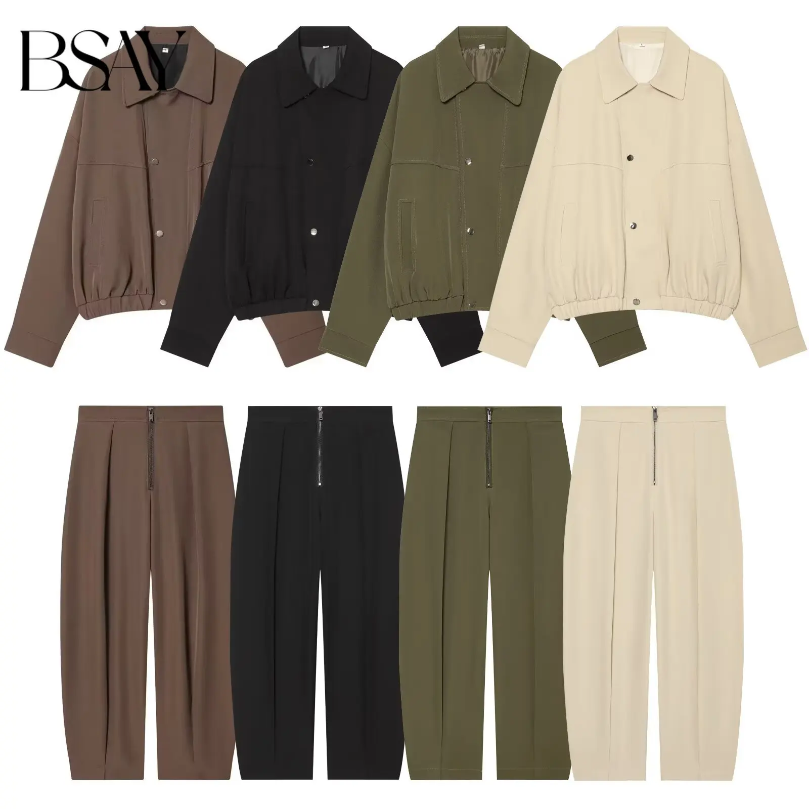 BSAY Korean Minimalist Matching Set Women Lapel Cropped Jacket High Waist Front Zip Wide Leg Pants Daily Office Casual Outfit
