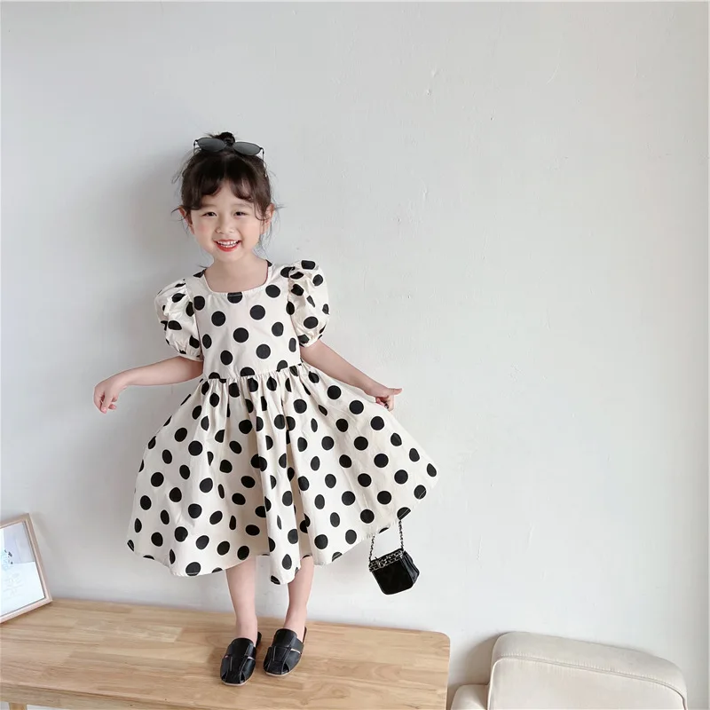 Korean Style Kids Frock Fashion Polka Dot Black and White Knee Length Dress Girls 2024 Elegant Princess Robe 100% Cotton Clothes