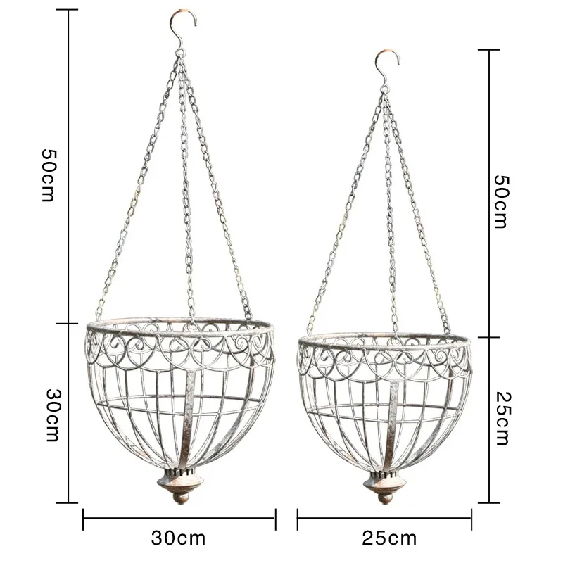 Vintage Distressed Iron Hanging Basket Planter, Scrolled Wrought Iron, Antique White, Set of 2, for Garden, Balcony, Patio