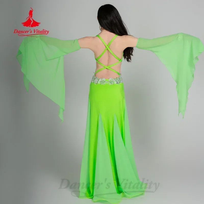 Belly Dancer Costume for Women Senior AB Stones Bra +Sleeves+Chiffon Long Skirt 3pcs Adult Oriental Dancing Performance Outfit