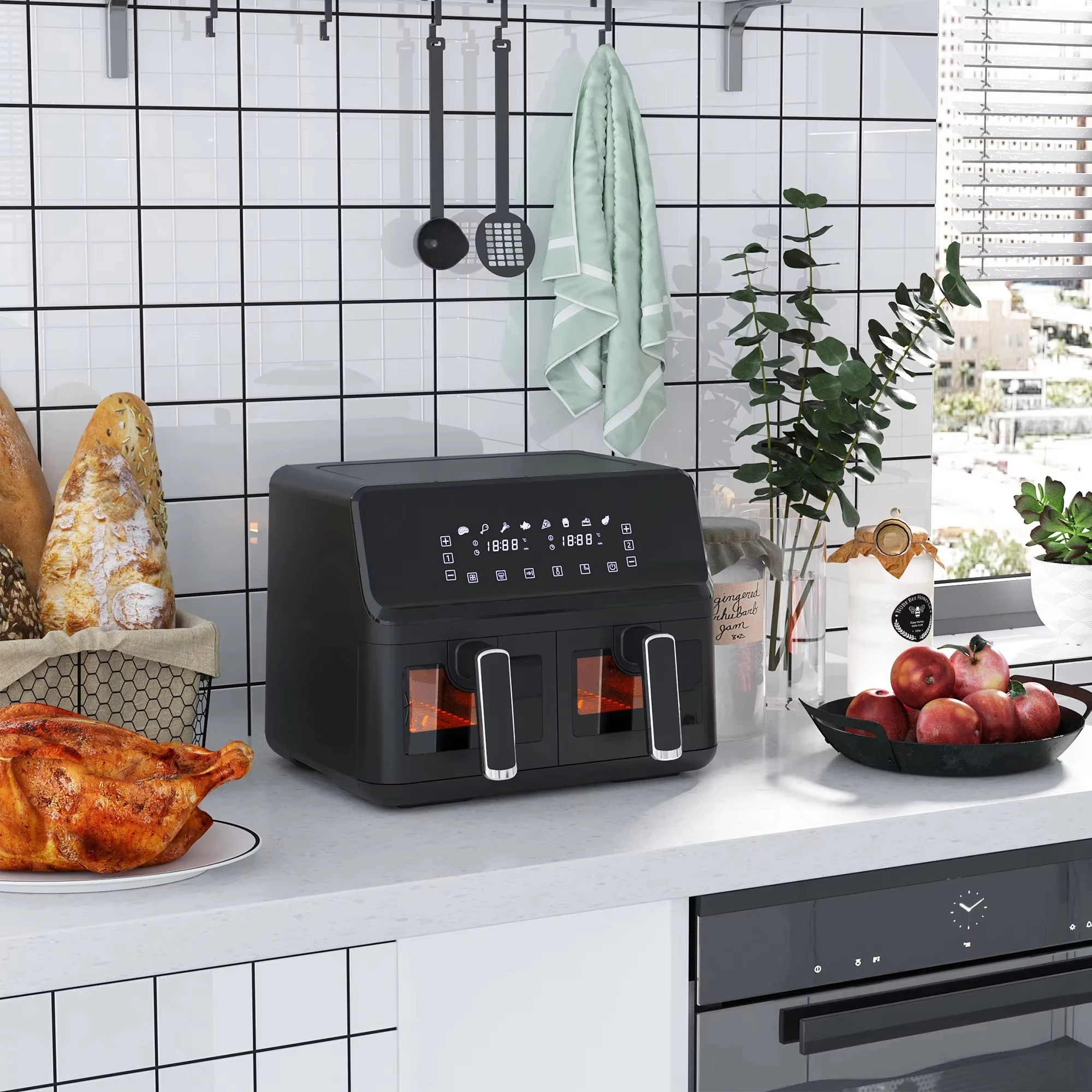 Black Air Fryer 38.5x38x30.5 Cm 2 Independent Steel And PP Baskets With 8 Menus