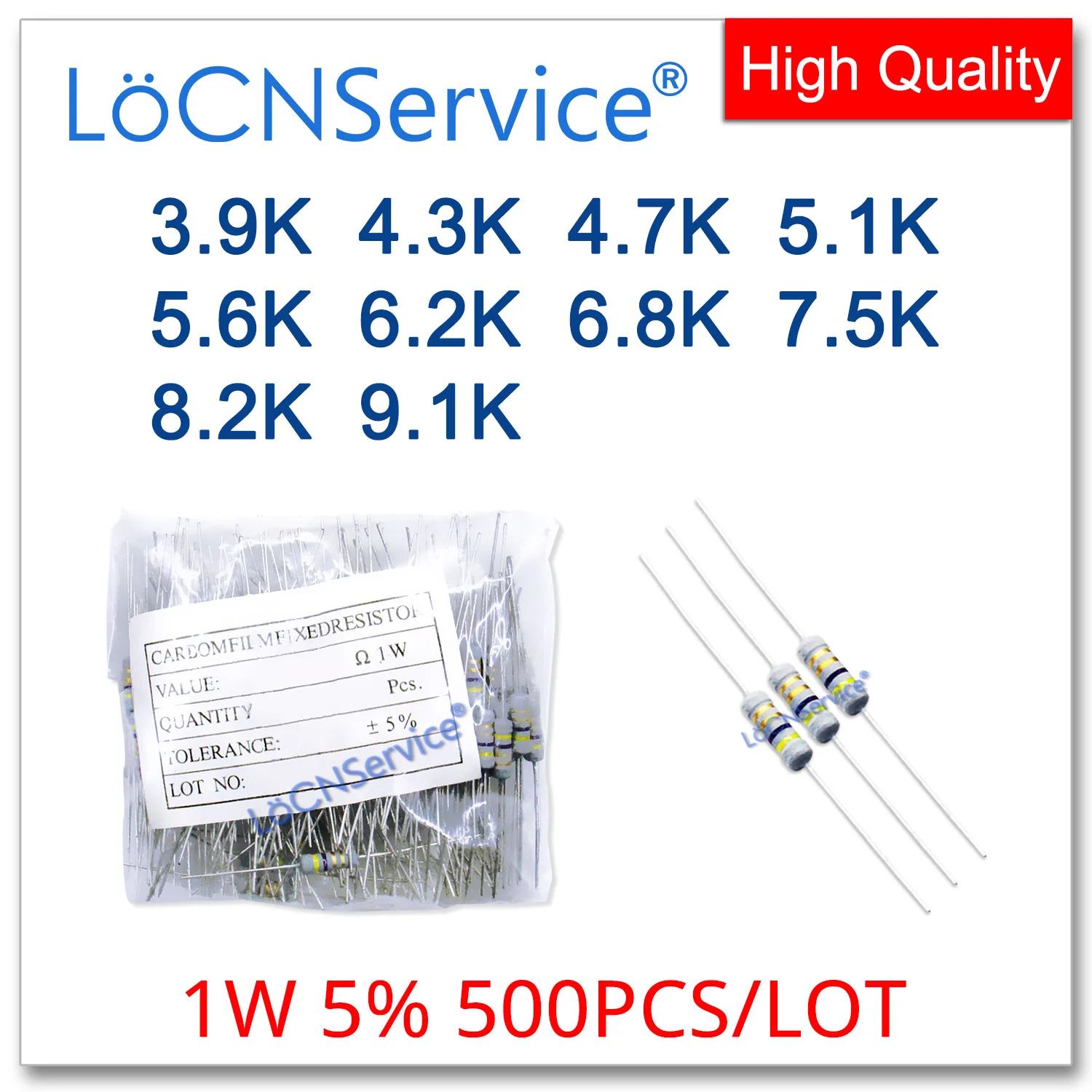 LoCNService 500PCS/LOT 5% 1W 3.9K 4.3K 4.7K 5.1K 5.6K 6.2K 6.8K 7.5K 8.2K 9.1K Carbon Film Resistor DIP OHM