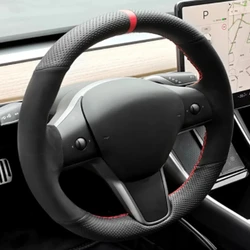 Coprivolante per auto in treccia scamosciata in fibra di carbonio antiscivolo cucito a mano per Tesla Model S Y Model X Model 3 accessori per auto