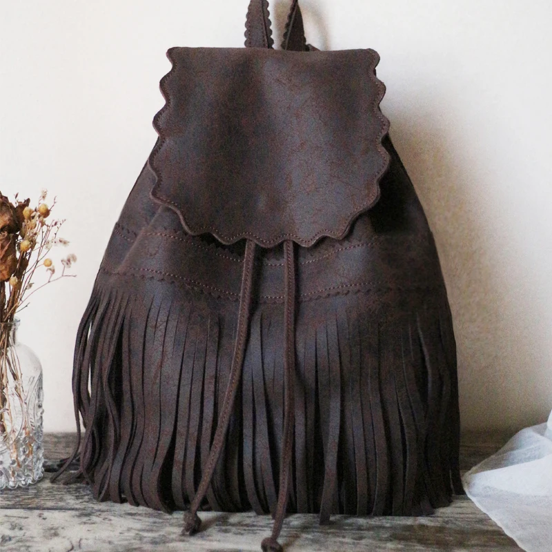 Women\'s tassel backpack, suede leather backpack, artistic, casual, fashionable, retro