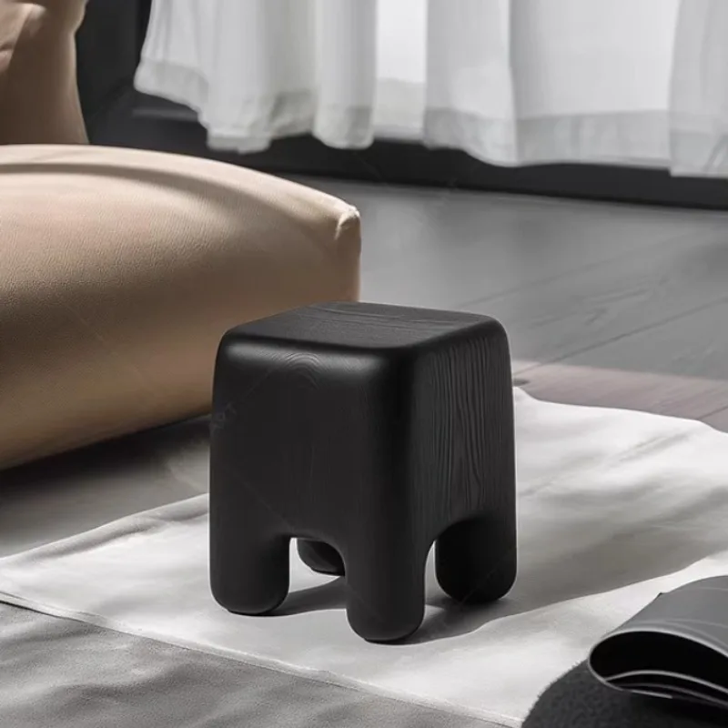 

Nordic Minimalist Solid Wood Stool Wabi-Sabi Style Black Ottoman for Entryway Shoe Bench Modern Living Room Accent Furniture