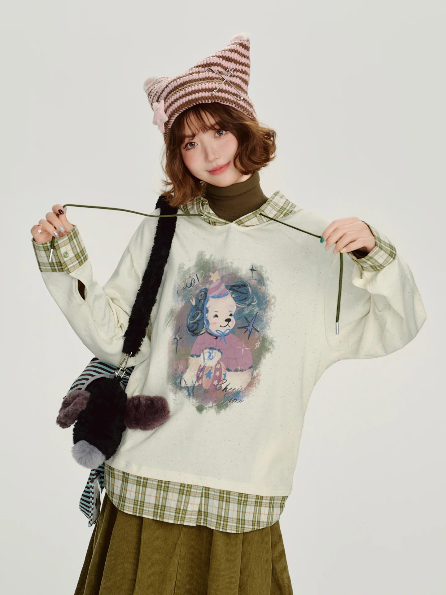 

Girly American Retro Plaid Fce Lined Hoodie Women's Loose Top Winter New Design Casual Sle Long Sve T-irt