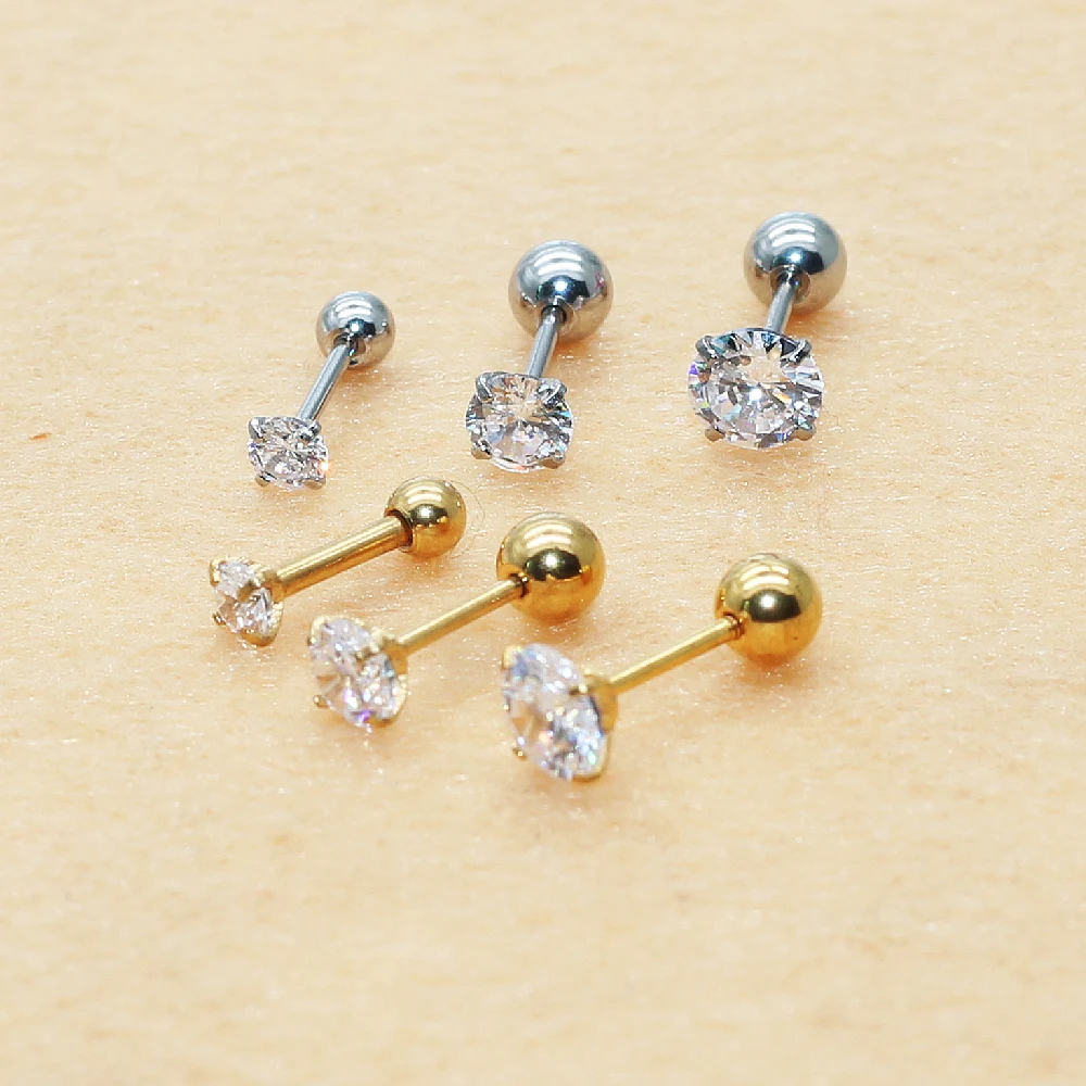 Stainless Steel With White Round Mini Zircons Slim Bar Stud Earrings Hypoallergenic  2 pc Delicate Brief Style IP Plating