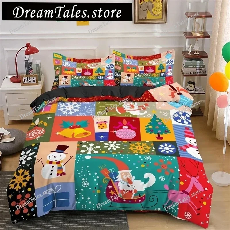 Merry Christmas King Queen Bedding Set Santa Claus Snowman Comforter Cover Christmas Tree Duvet Cover Red Polyester Quilt Cover