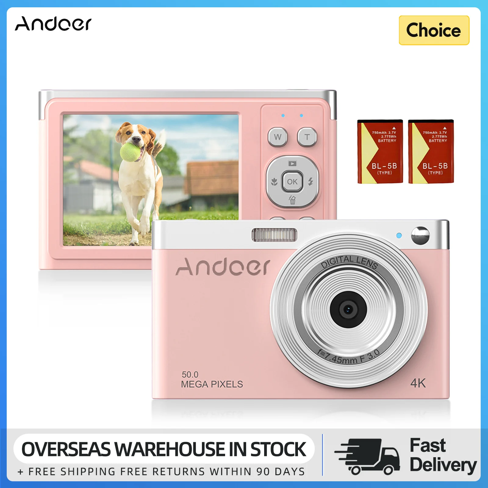 Andoer 4K Digital Camera Video Camcorder 50MP 2.88Inch IPS Screen AF 16X Zoom Built-in Flash with 2pcs Batteries for Kids Teens