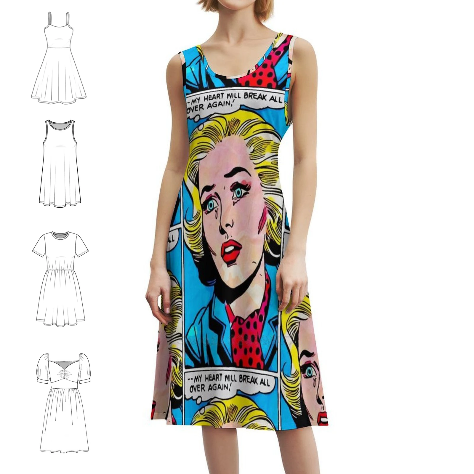 فن البوب المشتت الرجعية البكاء امرأة حبيبته العنق فستان أنيق الصيف فستان الحفلات للنساء البوب الإناث الملابس