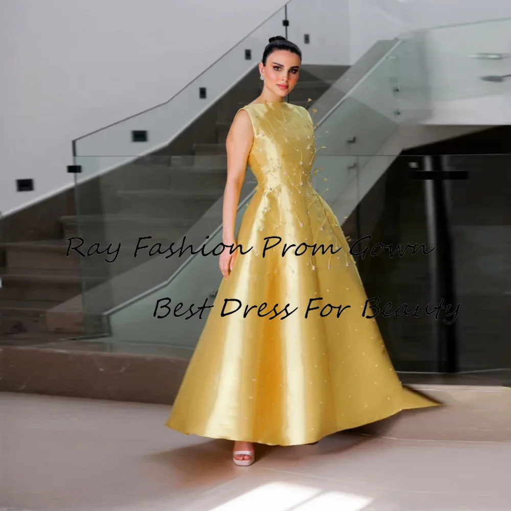 Exquisite A Line Cocktail Dress Satin With Boat Neck Sleeveless With Beading Ankle Knee Length For Prom Gowns فساتين سهرة