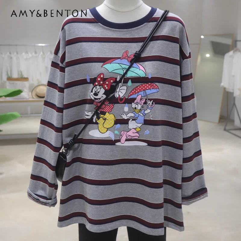 

Утягивающая возраст футболка с круглым вырезом и мультяшным принтом, осень 2023, свободные утягивающие футболки средней длины из чистого хлопка в полоску с длинными рукавами для женщин