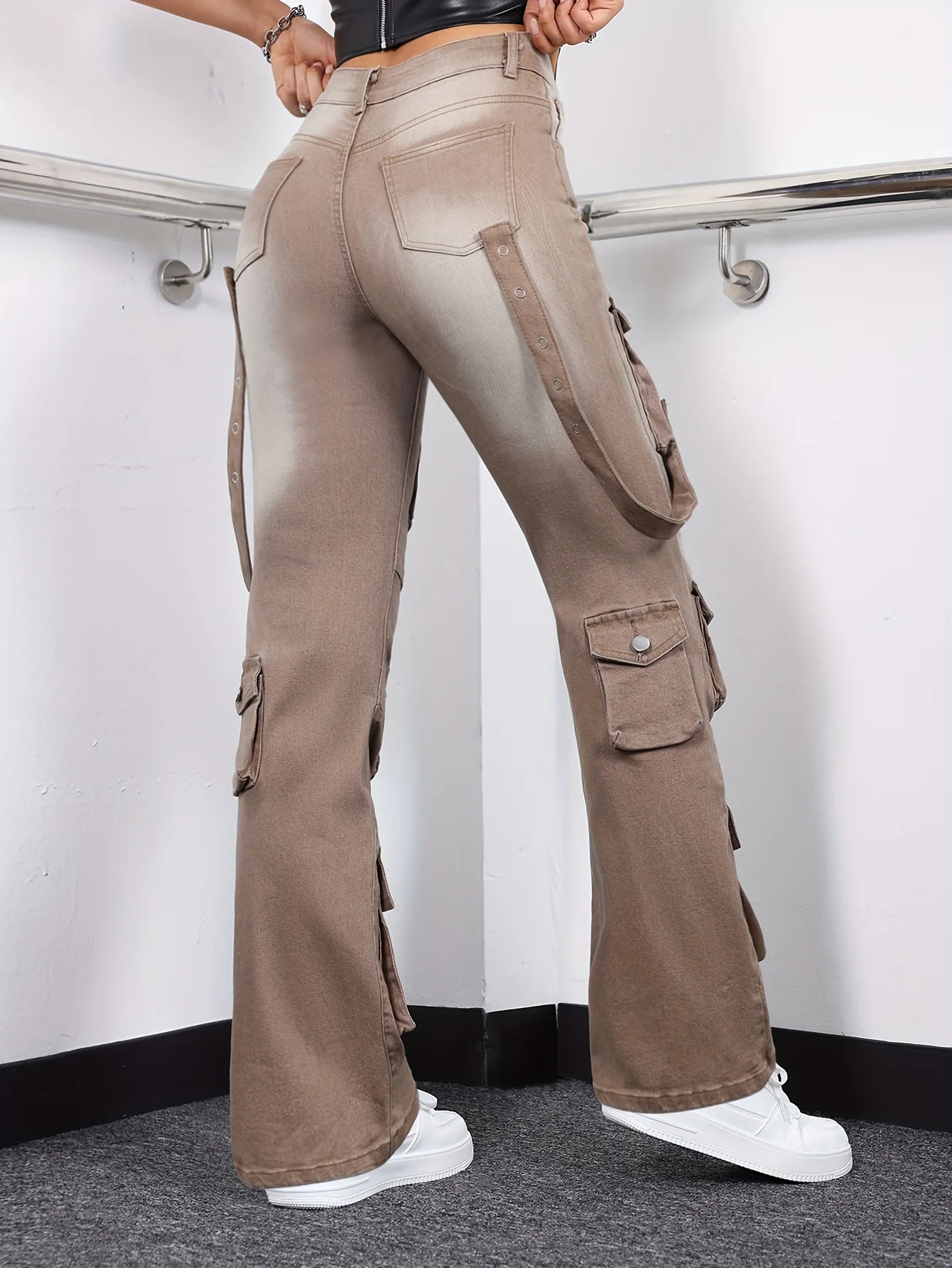 Pantalones vaqueros con múltiples bolsillos para mujer, ropa de trabajo de tubo holgado y recto con diseño de doble correa, estilo americano, pantalones vaqueros con bolsillo