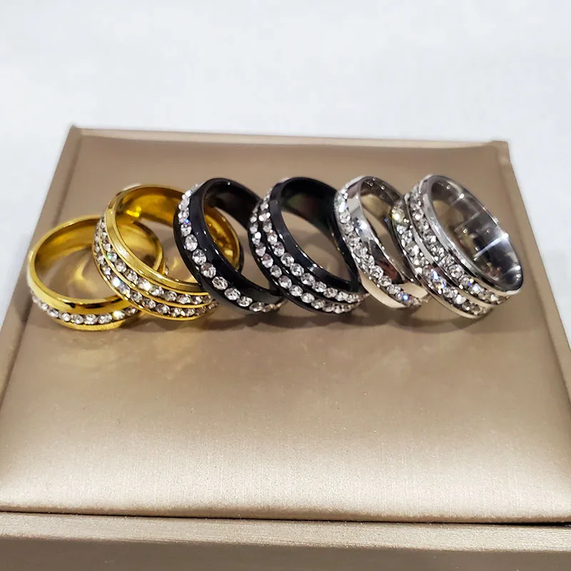 316L Stainless Steel Double Bevel 6mm 8mm Simple Hip-hop Full Circle Crystal Zircon Woman Men's Ring Couples Wedding Jewelry