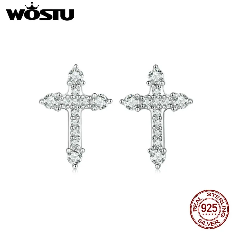 

WOSTU Original 925 Sterling Silver Sparkling Cross CZ Stud Earrings Plated White Gold For Women Wedding Party Gift Fine Jewelry