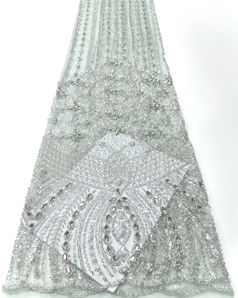 

African French Sequined Lace Fabrics High Quality Tulle Lace Nigerian Beaded Embroidered Dress Material For Party Wedding