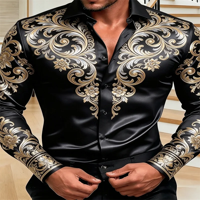 Men Silky Satin Button‑Down Shirt Vintage Baroque Golden Floral Pattern Long Sleeve Turn‑Down Collar Male Party Business Casual