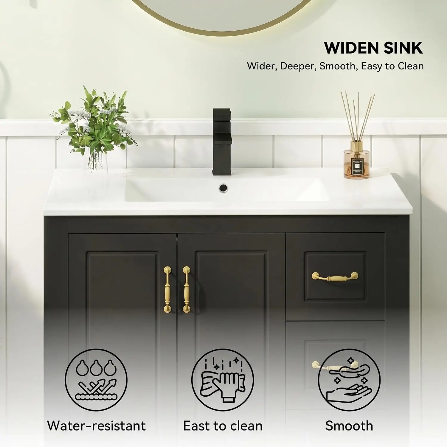 Freestanding Vanity Cabinet, Painted Surface, 2 Soft-Close Doors, 3 Drawers, Faucet & Drain, Customized