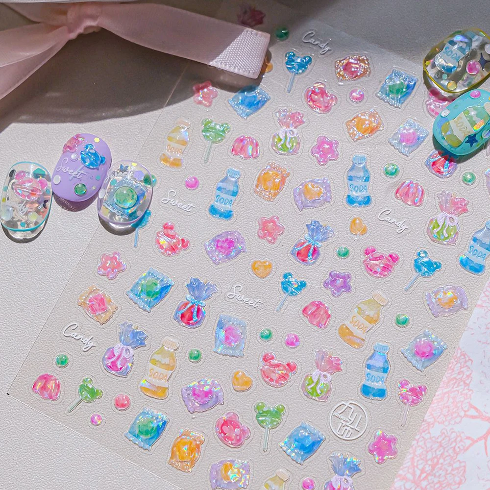 

Цветные бутылки соды, напитки, сладкий леденец, конфеты, пудинг, цветок, любовь, форма сердца, 5D наклейка для дизайна ногтей, клейкая наклейка для маникюра