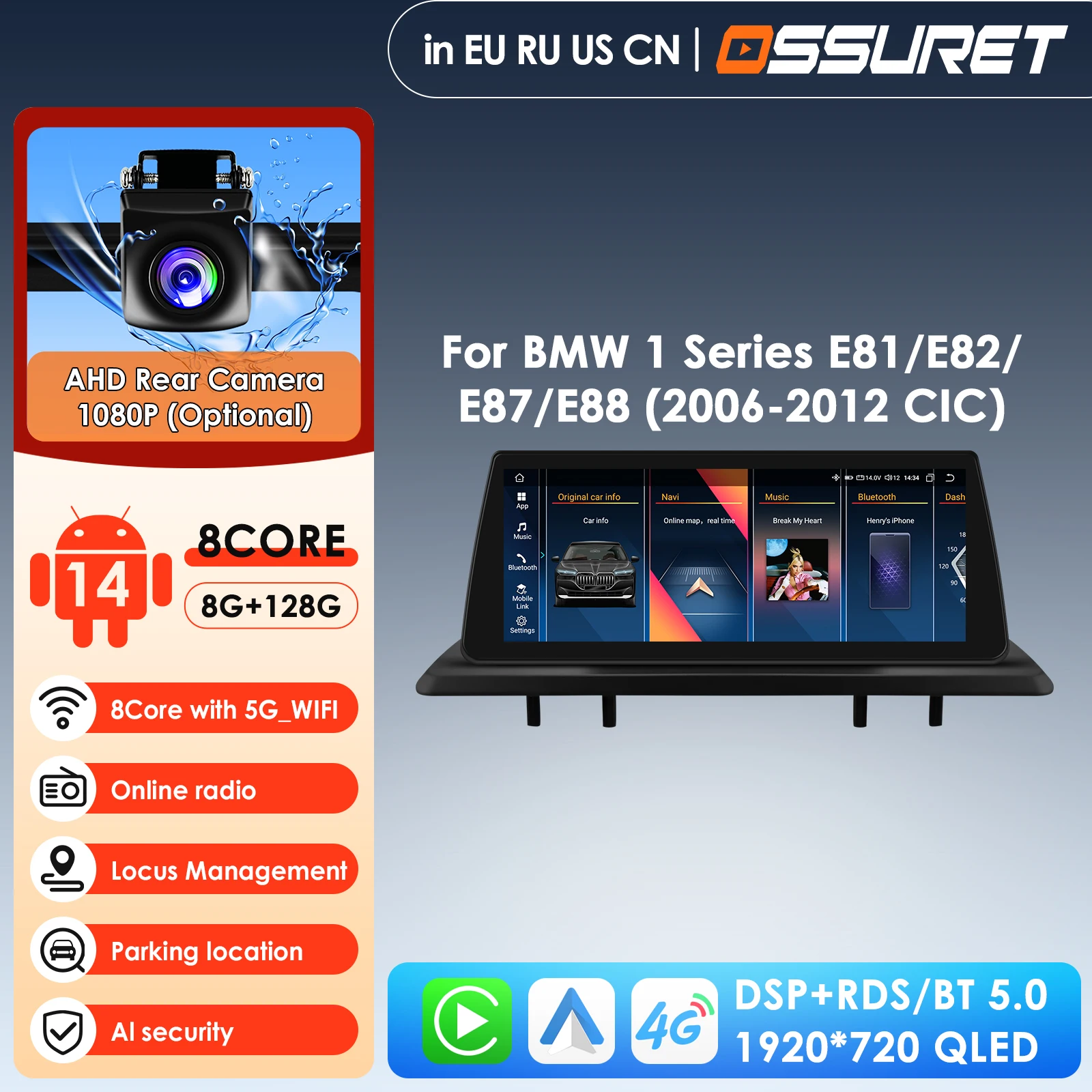 Pantalla Multimedia para Automóvil Android Auto, CarPlay Inalámbrico para BMW Serie 1 E81 E82 E87 E88, Sistema CCC CIC, Pantalla Táctil, Radio para Automóvil, WIFI